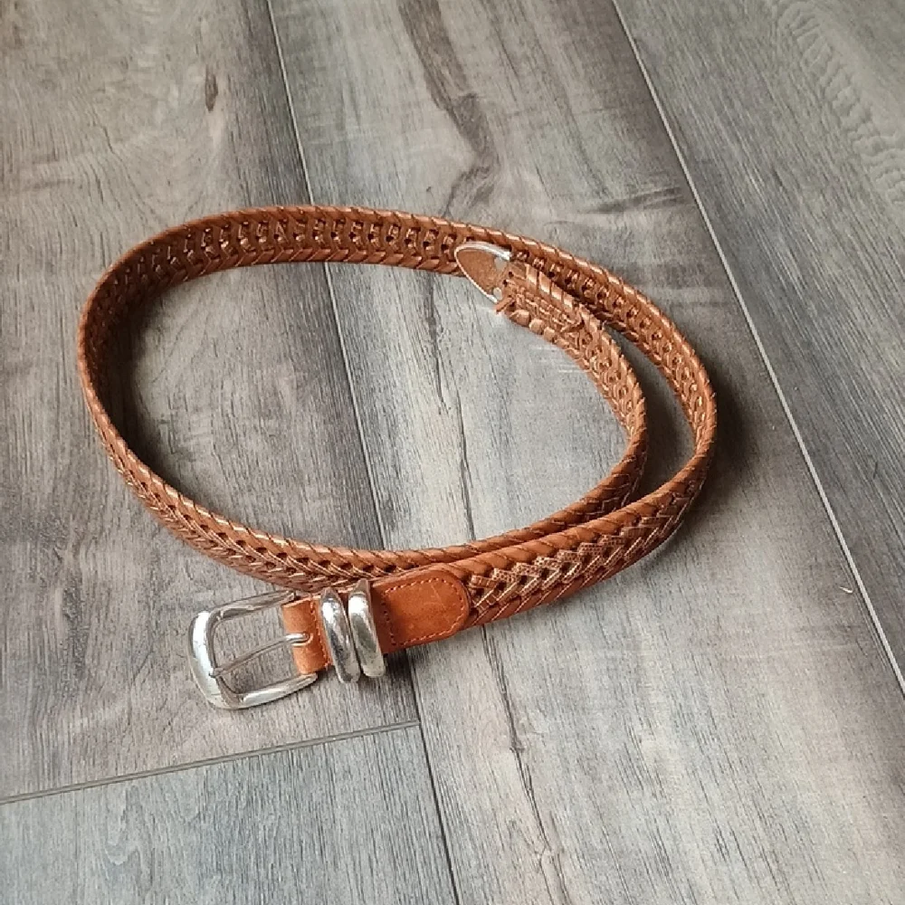 Fossil Tan Braided Leather Belt with Silver Buckle